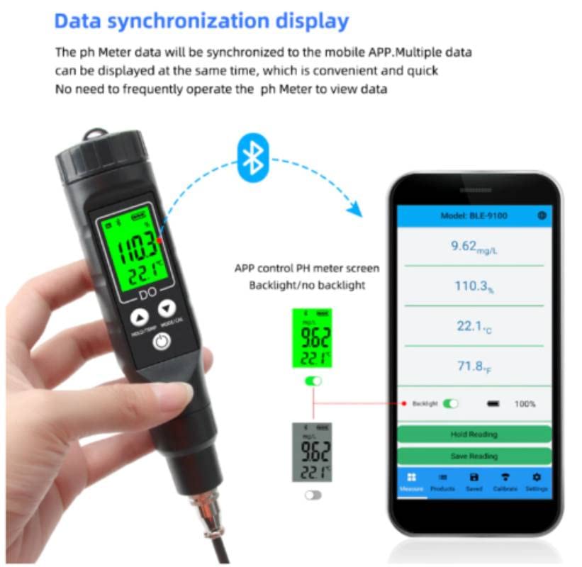 Medidor de oxigênio dissolvido Bluetooth, intervalo de teste de detector inteligente 0-30 mg/L