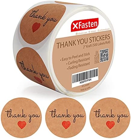 XFasten Kraft Thank You Stickers Roll para pequenas empresas, 500 de 2 polegadas de agradecimento
