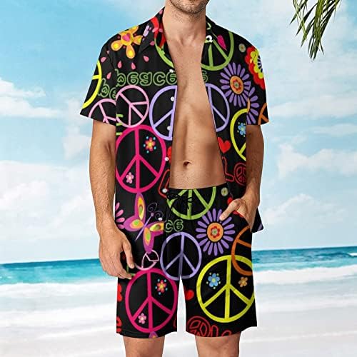 Papel de parede hippie de weedkeycat com símbolo de paz roupas de praia masculina de 2 peças de botão havaiana