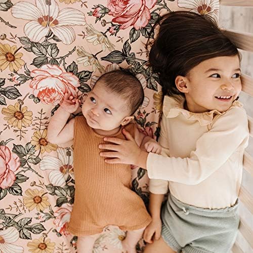 Folha de berço ajustada - Design floral do jardim, tecido algodão para bebês bebês, roupas de cama de