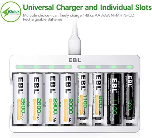 EBL Baterias AAA Recarregável 1100mAh e 8 slot aa AAA Independent Recarregável Carregador de bateria com 5V 2A Função de carregamento rápido USB