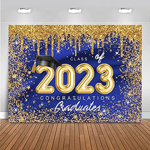 Mocsicka Classe de 2023 Parabéns graduados em pano de fundo azul royal e lantejoulas douradas fotografia fotográfica Antecedentes de vinil Decorações de festas de festas