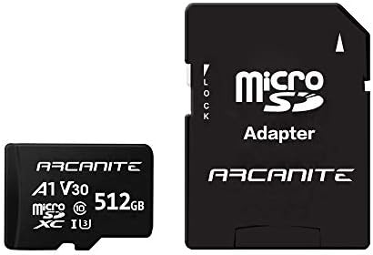Arcanito 512 GB de memória microSDXC com adaptador - A1, UHS -I U3, V30, 4K, C10, Micro SD, velocidades de leitura