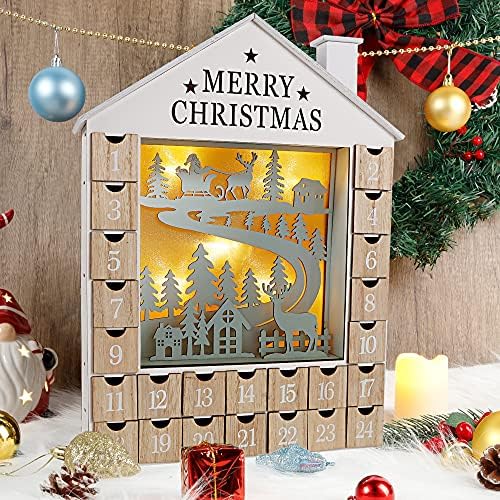Calendário do Advento de Natal de Winemanna 2021 com 24 gavetas para encher, luzes LED 24 dias contagem regressiva para Natal, Feliz Natal de Casa de madeira decorações de férias