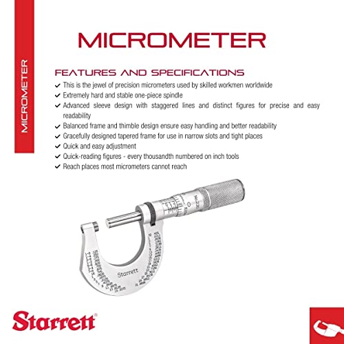 Starrett Micômetro externo com eixo de uma peça, design avançado de manga e quadro cônico - ajuste rápido e