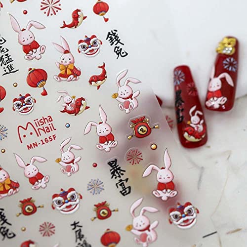 2023 adesivos de unhas chinesas coelho de adjuntos de arte de ano novo, flores autônomos adesivos adesivos