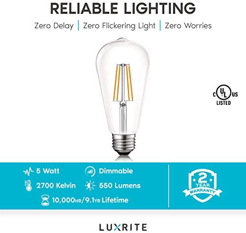 Luxrite LED vintage Edison Bulb 60W equivalente, ST19 ST58, 2700K BRANCO QUENTE AO