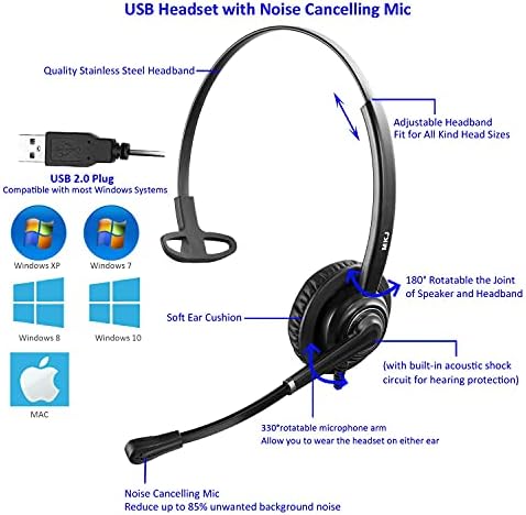 Fone de ouvido MKJ USB para escritório de call center, fone de ouvido com laptop para PC Mac, fone de ouvido