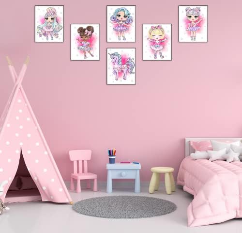 DOLL Temático de parede de arte impressões pôsteres para garotas Conjunto de 6 Decoração de quarto rosa sem moldura