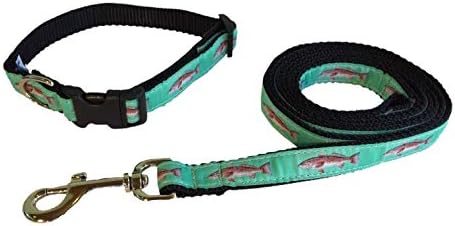 Preston Redfish Dog Collar and Leash Conjunto - Design de peixes fita azul -petróleo na correia preta de nylon