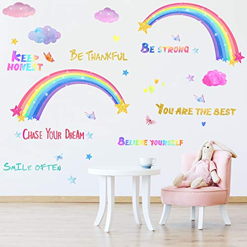 3 lençóis decalques de parede de arco -íris para quarto de meninas, colorido arco -íris borboletas nuvens estrela