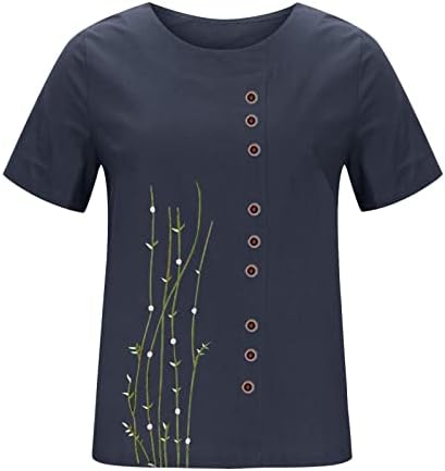 Camise de manga curta feminina 2023 Camisas de linho de algodão de verão Faixa solta estampada Casual Crewneck