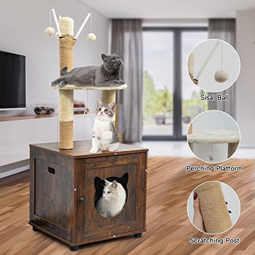 Gabinete da caixa de areia de gato, torre de árvore de gatos com gabinete da caixa de areia, maca de gato