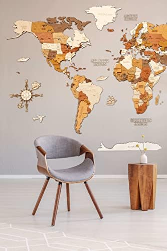 Decoração de parede de mapa do mundo de madeira - Multiladas, madeira manchada multicolorida, nomes gravados,