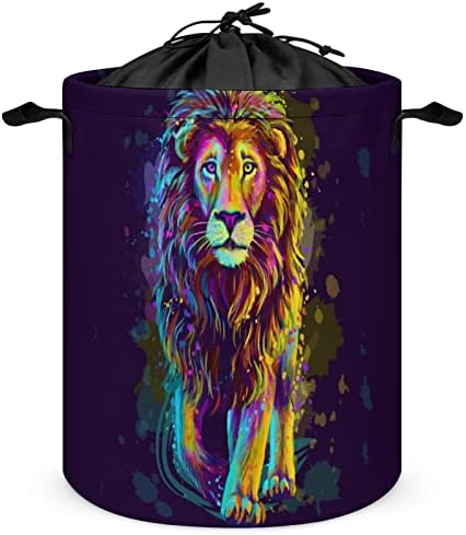 Lion Artistic Neon Color Round Roundry Saco de armazenamento à prova d'água com tampa de cordão e alça