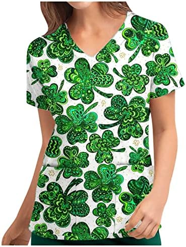 Scrub_tops Mulheres que trabalham uniforme de uniforme T-shirt Trendy St. Patrick's Imprimir Manga curta