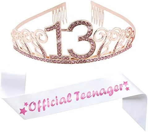 13º aniversário Pink Tiara and Sash, Glitter Satin Adolescente Oficial Coroa de Sash e Crystal Rhinestone Crown