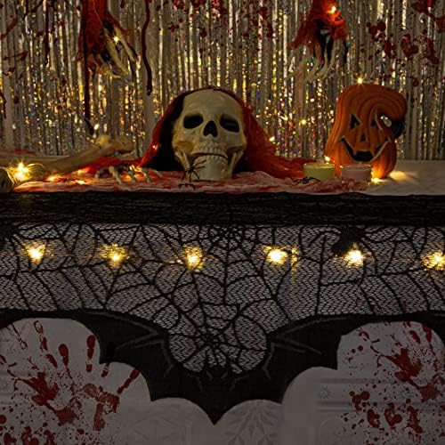 Lawoho Halloween Spiderweb lareira Mantel Lenço - Runner de mesa de Halloween de renda preta com bainha - decoração