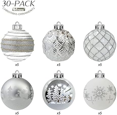 WBHome 30ct Bola de Natal Ornamentos de Bola Conjunto de 2,36 polegadas / 60mm - Prata e Branco, Decorações de