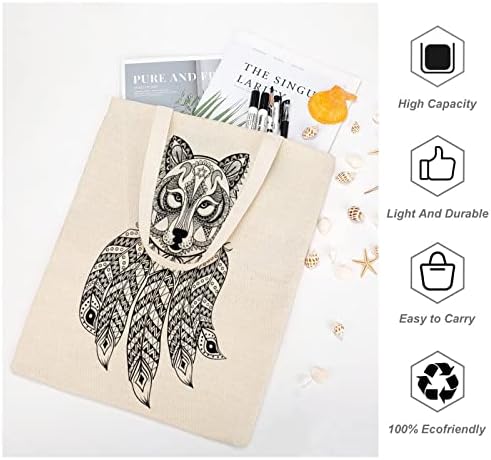 Lobo com Dreamcatcher Canvas Bolsa Reutilizável Bolsa de Pano de Compras Dobragem Reutilizável