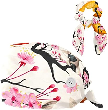 Enfermeira Scrub Caps Cabelos longos, peixes koi e tampa de trabalho ajustável de cereja Sakura com
