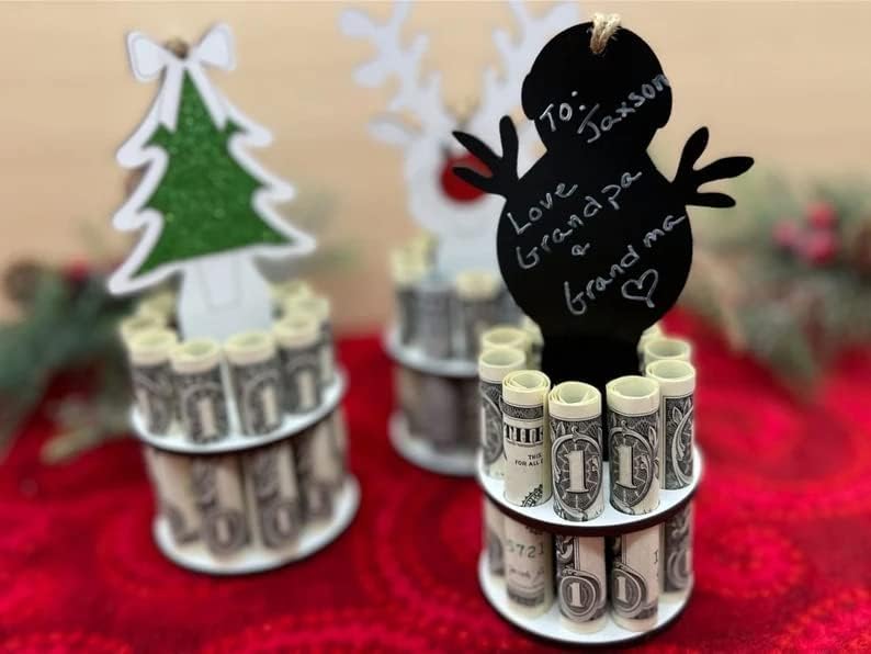 Disetra de dinheiro exclusivo de Natal, árvore de Natal de madeira feita à mão, rena, titular de dinheiro