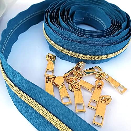 Zippers Cys 5 Zippers para costura, dentes dourados zíper de nylon pela fita de zíper azul de quintal