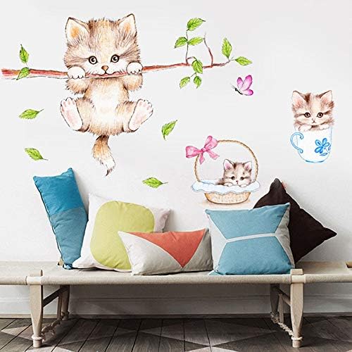 Decalques de parede de gato fofo de Kiddale, galhos de árvore de gatos removíveis adesivos de parede de borboleta