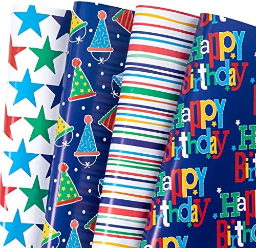 Maypluss Birthday embrulhando papel de papel - 12 Padrões dobrados - Blue Perfect for Man, menino
