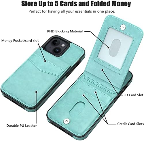 Qireoky para iPhone 14 Case Carteira com suporte de cartão funcional bidirecional de duas maneiras Durável RFID