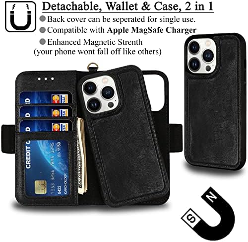 Caixa de carteira de couro genuíno mefon para iPhone 13 Pro Max, compatível com carregamento sem