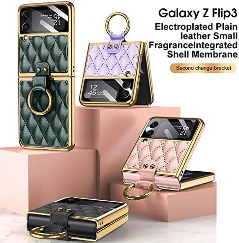 Dearhot Ultra Fining Lozenge Leather Case para Samsung Galaxy Z Flip3 5G, 9H Câmera de vidro Tampa do protetor