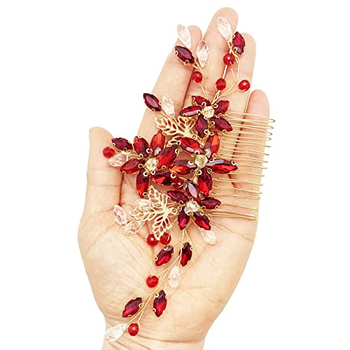 Betiteto Red Crystal Bridal Hair Pedaçam com pente de cabelo de vinha de ouro Acessórios para cabelos