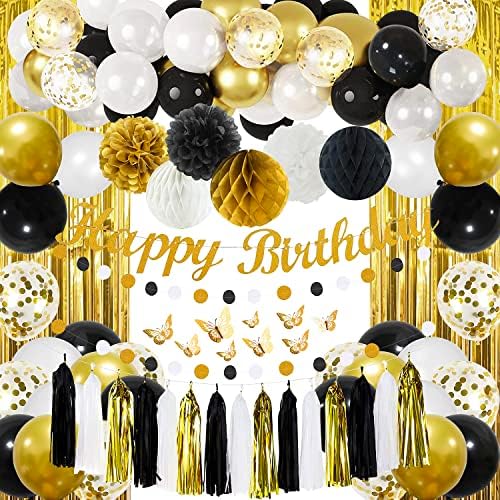 Decorações de festas de aniversário de ouro preto para homens meninos com bandeira de feliz aniversário, círculos