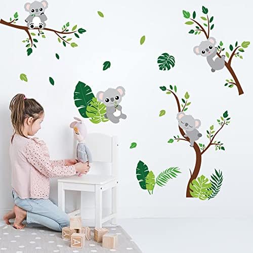 Runtoo Koala Decalques de parede Animal Palm Tree folhas adesivos de parede para meninas quartos infantis