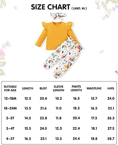 Yallet 3pcs roupas meninas de menina, mangas compridas de cor sólida tampo de babados + calça floral