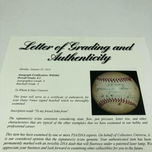 Dazzy Vance 1920 Single assinado Baseball PSA DNA COA - Bolalls autografados