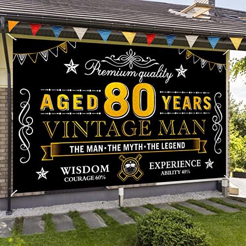 Feliz 80º aniversário decorações de banner para homens, Black Gold Vintage 80 Aniversário Signal Festa de