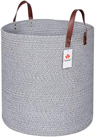 Xxl cesto de armazenamento de corda de algodão com algodão com alças de couro 18 x16 cesta de cobertor