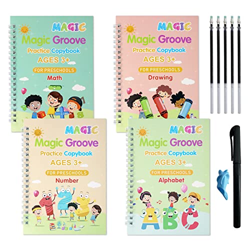 4 Pacote Livros de caligrafia com ranhura para crianças Magic Practice Cursive Writing Groove Calography Capybook
