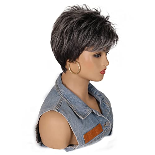 Ddhair Pixie Cut Wig Wig curto perucas cinza para mulheres Parte do lado Parte de cinza sintético natural em