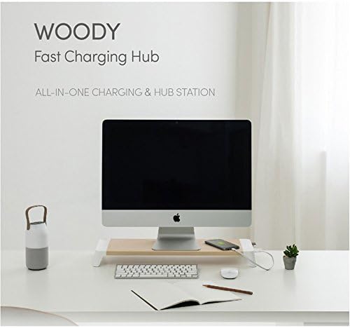 [Palooem] Woody Charging Fast Charging Durável Monitor de madeira está em uma estação de carregamento e hub