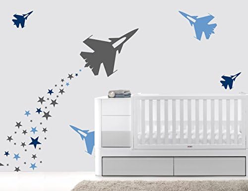 Aviões e estrelas - menino - Berçário de decalque de parede para crianças de quarto de casa