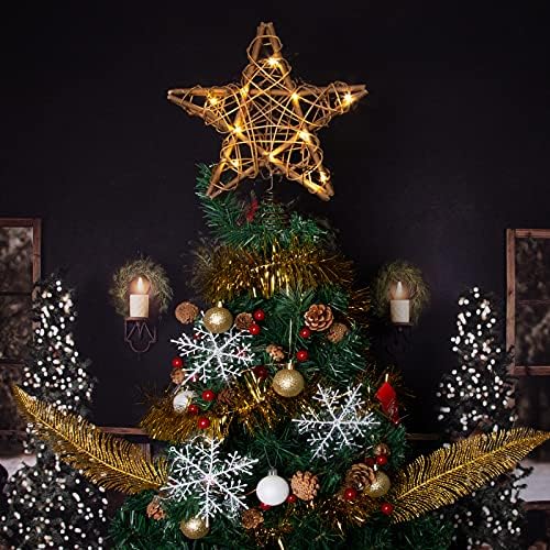 Lawoho Christmas Tree Topper Star, Rattan marrom rústico de 10 polegadas natural com 10 luzes brancas quentes três funções com timer, decoração sazonal para o ornamento interno de casa de Natal festivo