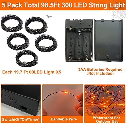 [5 pacote e temporizador] Luzes de cordas de Halloween Decorações Total 300 LED 98,5 pés Bateria Operado por Bateria