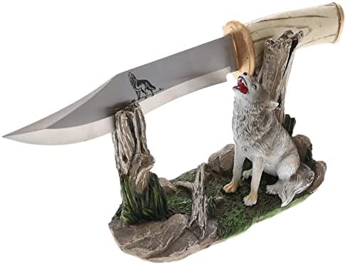 DeLeon Collections Decorative White Wolf Knife - Majestic Howing Wolf Display Stand - Rustic Lodge Decor