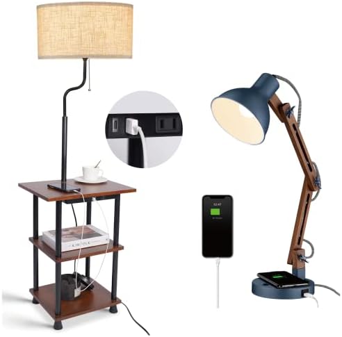 Lâmpada de mesa moderna de Elyona e lâmpada lateral de mesa rústica, lâmpada de mesa de cabeceira com carregador