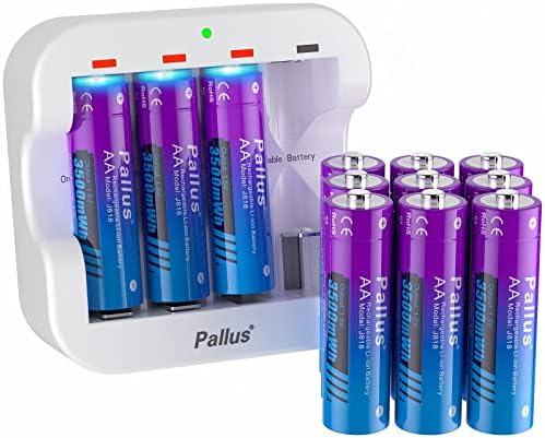 PALLUS 12-PACO 1 1,5V AA Baterias de lítio recarregável, dobrar as baterias de íons de lítio com carregador de bateria