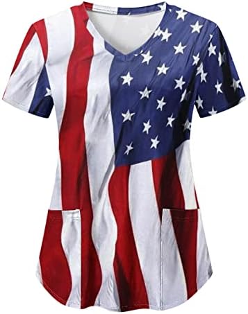 4 de julho Tops for Women USA Flag Summer Summer Manga curta V camiseta de pescoço com 2 bolsos Bloups Holiday