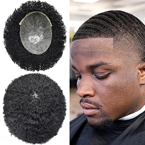 Toupee Afro para homens negros enlameando cabelos humanos, gabinetes afro -americanos Sistema de substituição Sistema
